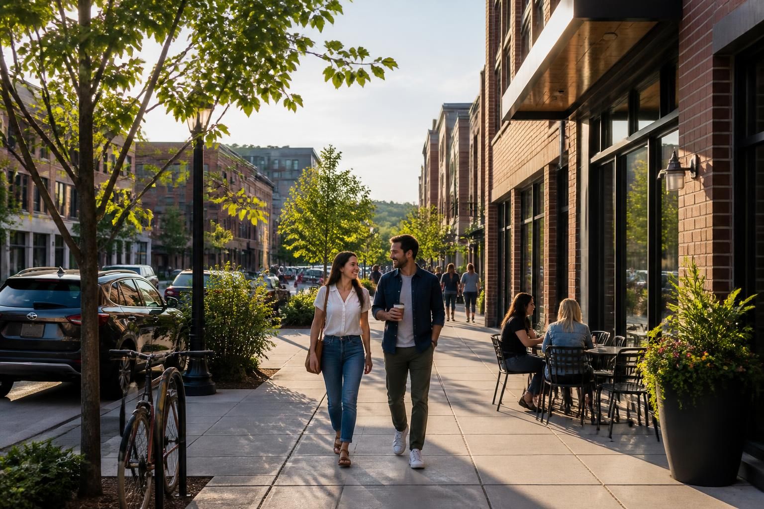 Welcoming city street with modern buildings and tree-lined sidewalks.