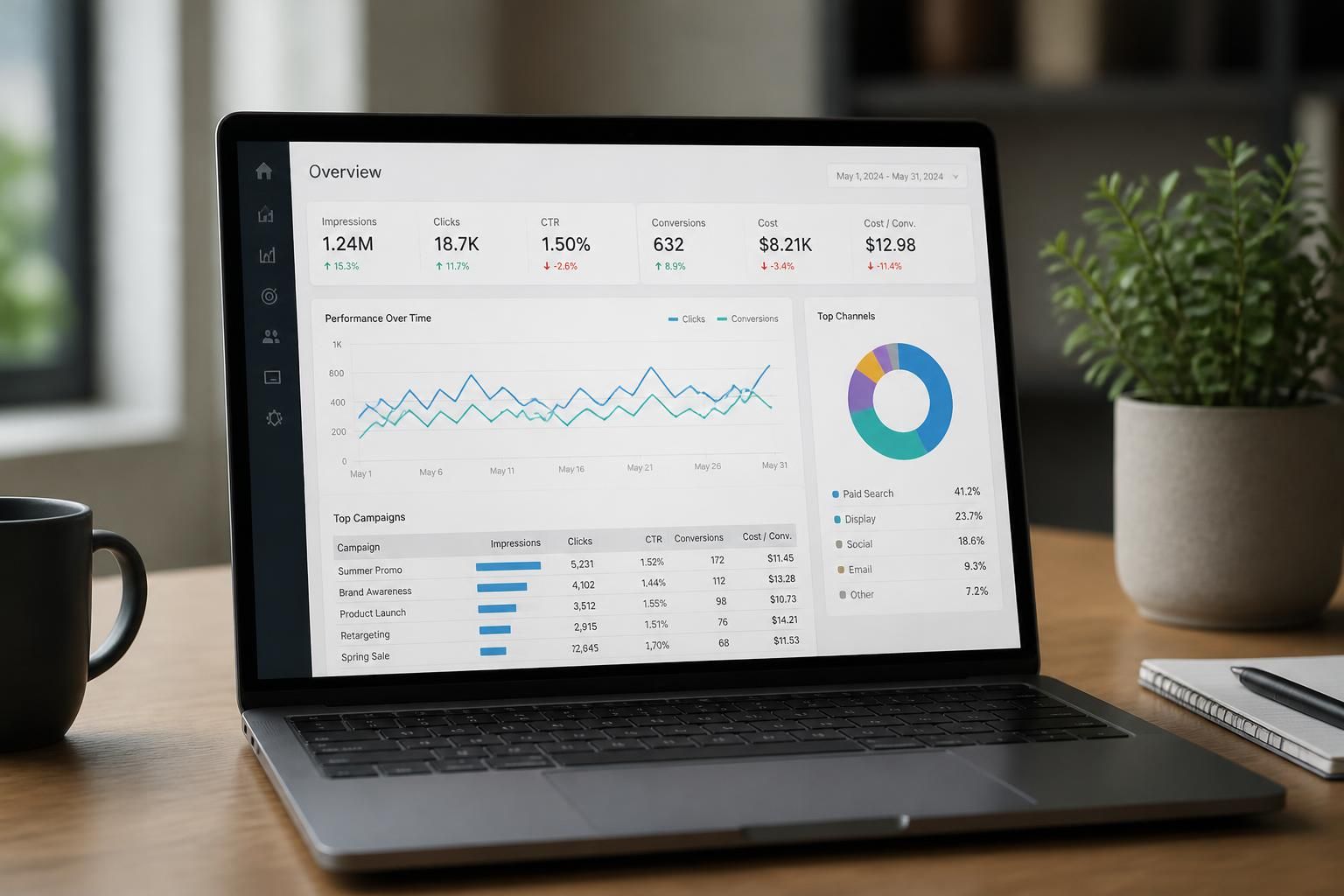 Google Ads management for Saskatoon businesses ad campaign performance dashboard on a laptop