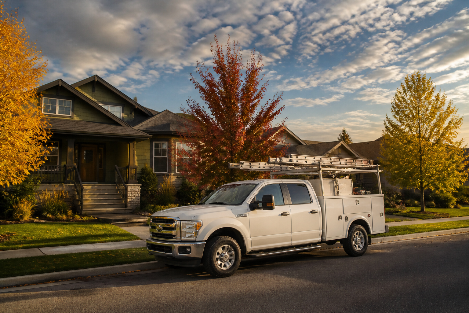Contractor truck on a Saskatoon street in autumn web design for Saskatoon businesses