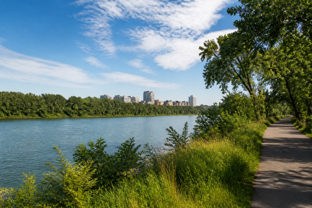 Meewasin Valley trail along the South Saskatchewan River in Saskatoon local support for Saskatoon businesses